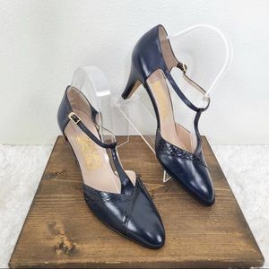 Salvatore Ferragamo Leather Navy T-strap Heels